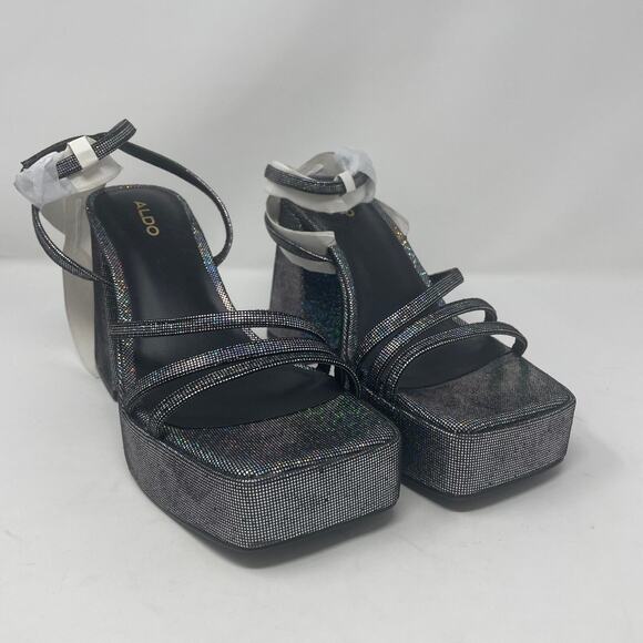 ALDO Landabriver Metallic Platform Sandals 8.5 Pewter Square Toe Ankle Strap - Picture 3 of 8